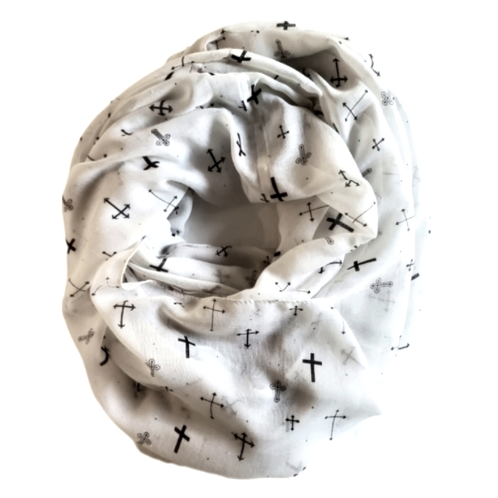 Infinite Cross Scarf White with Black 33" Wide x 31" Long